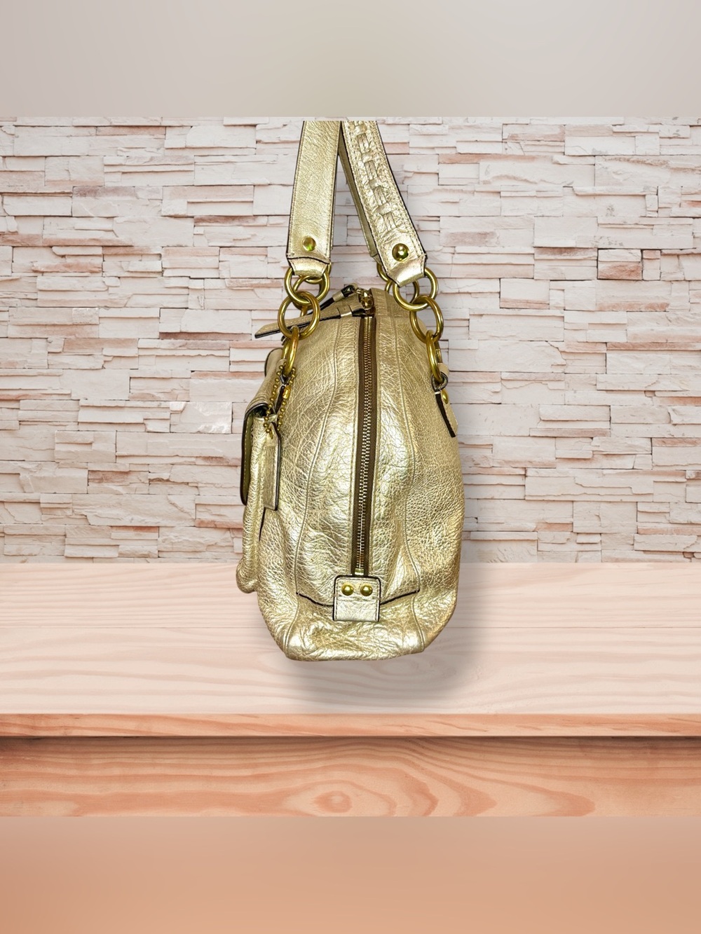Coach Courtney Dome Metallic Gold Leather Shoulder Bag Whipstitch Buckle Pocket - Picture 5 of 8